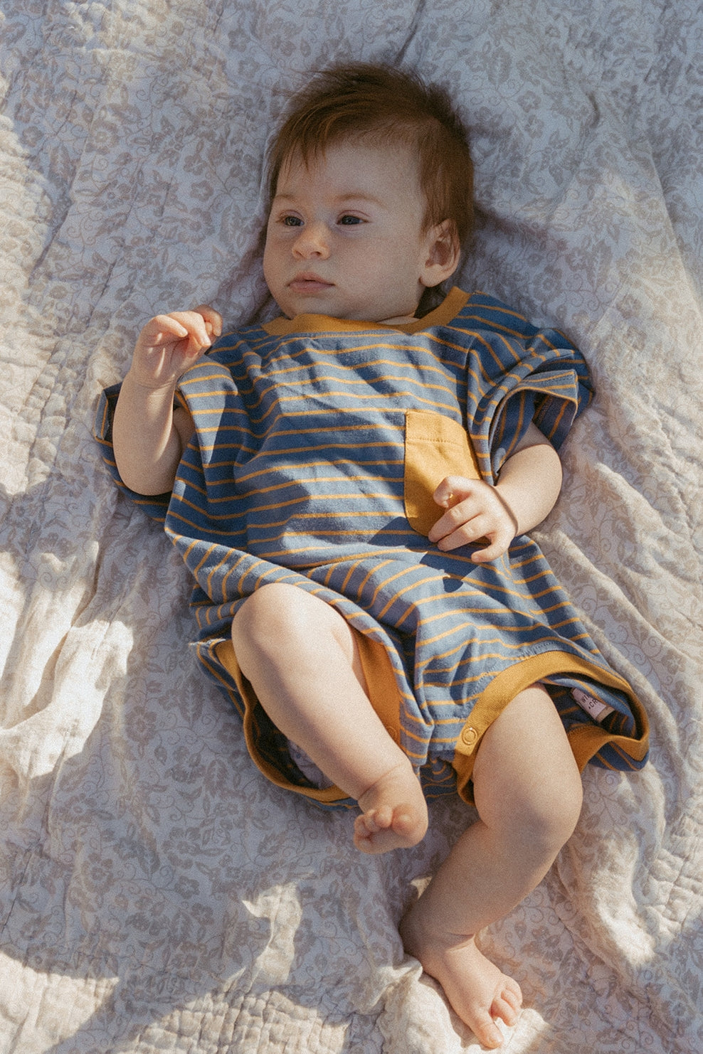 Cory Pocket Romper in Thin Stone Blue Mustard Stripe