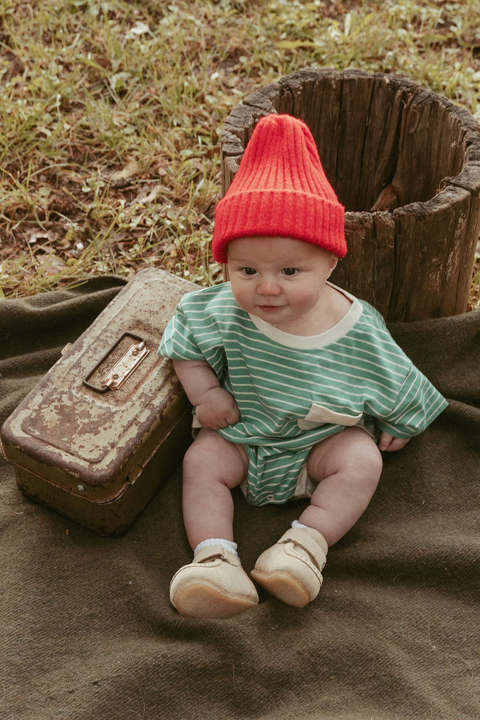 Cory Pocket Romper in Thin Mineral Green Stripe