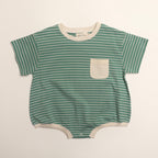 Cory Pocket Romper in Thin Mineral Green Stripe