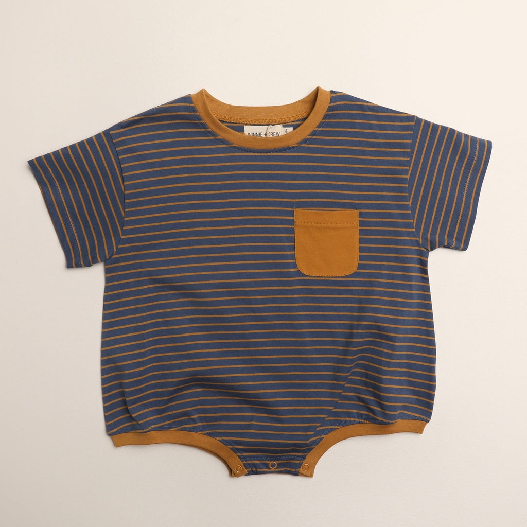 Cory Pocket Romper in Thin Stone Blue Mustard Stripe