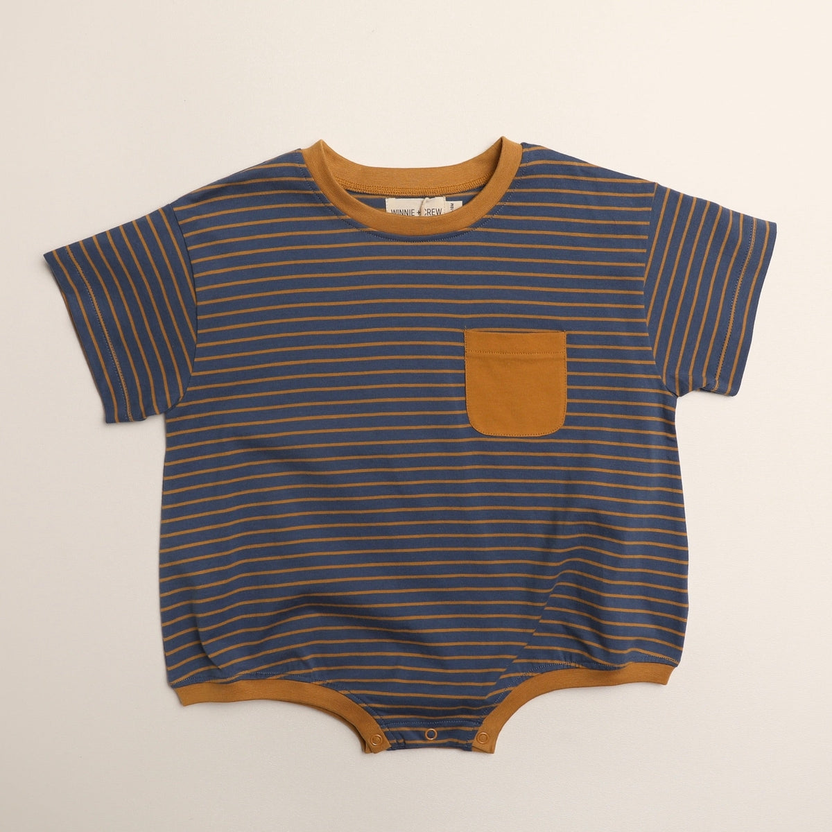 Cory Pocket Romper in Thin Stone Blue Mustard Stripe