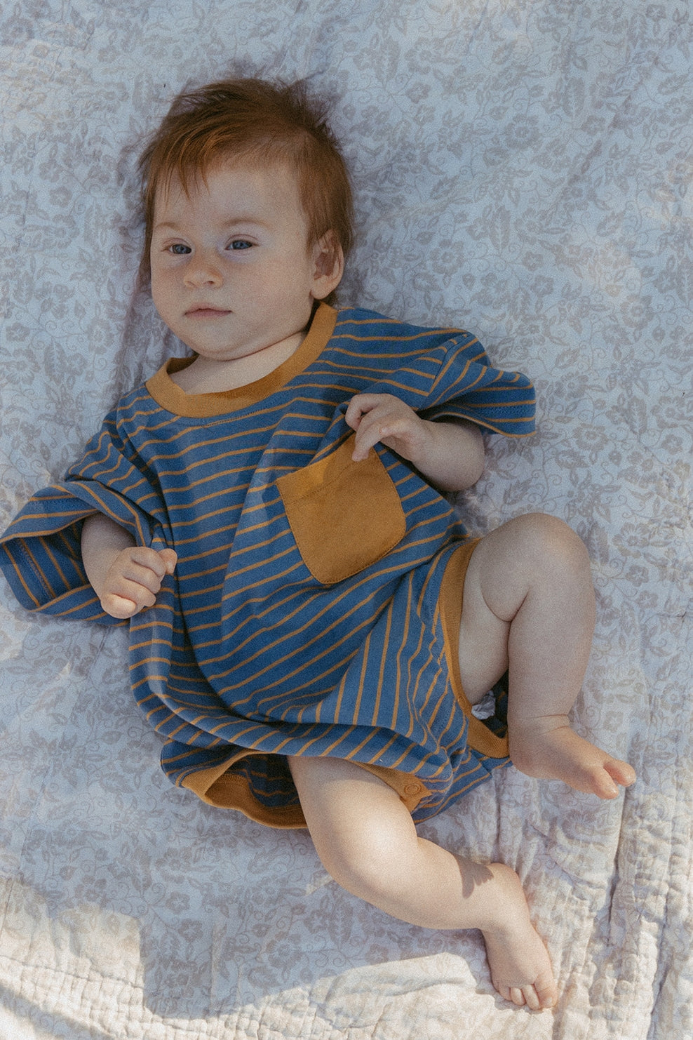 Cory Pocket Romper in Thin Stone Blue Mustard Stripe