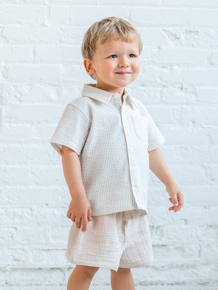 Landon Seersucker Collared Button Down Shirt - Dune Stripe