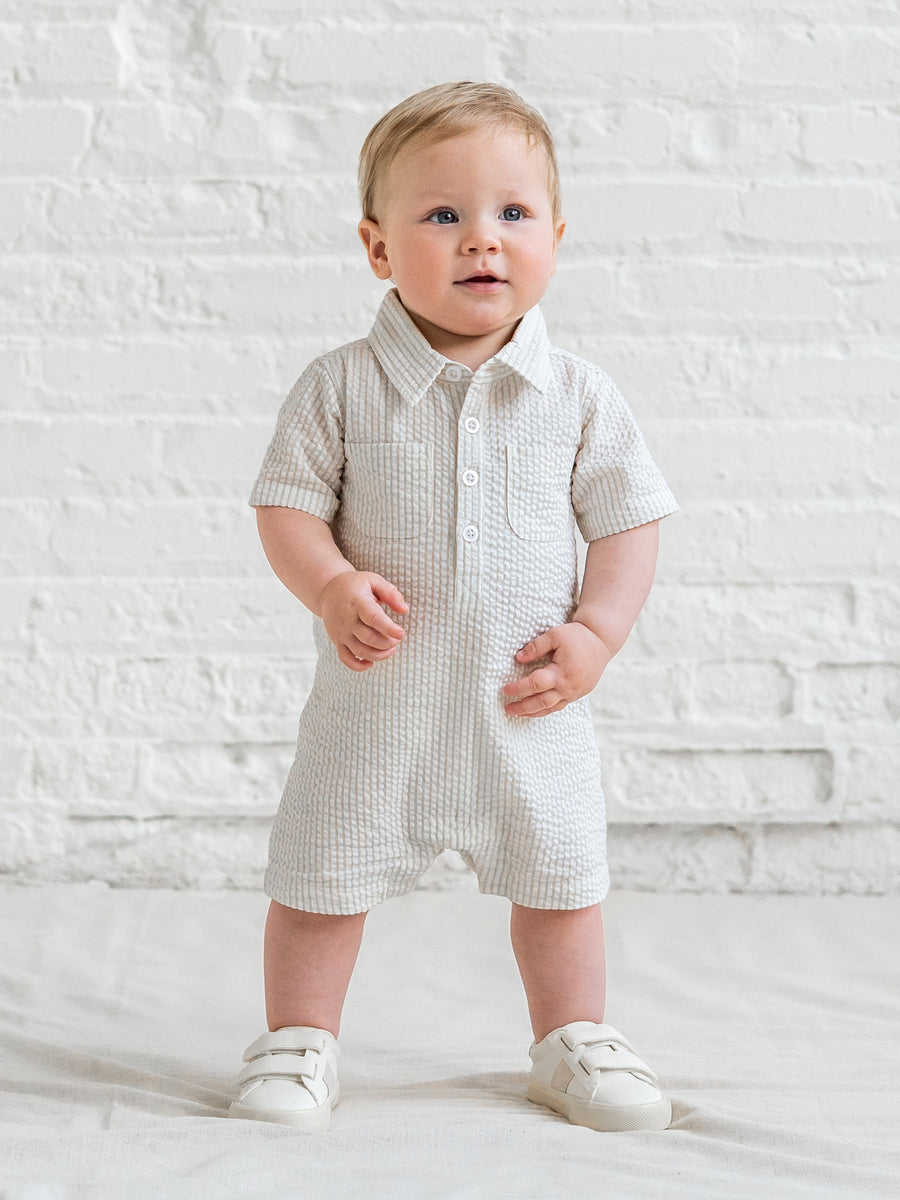 Mato Seersucker Collared Romper - Dune Stripe