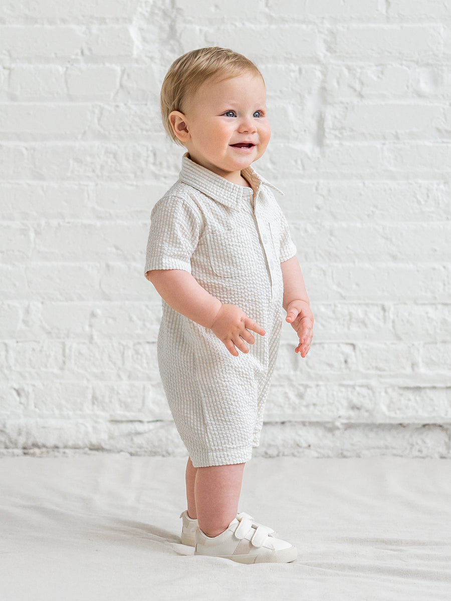 Mato Seersucker Collared Romper - Dune Stripe