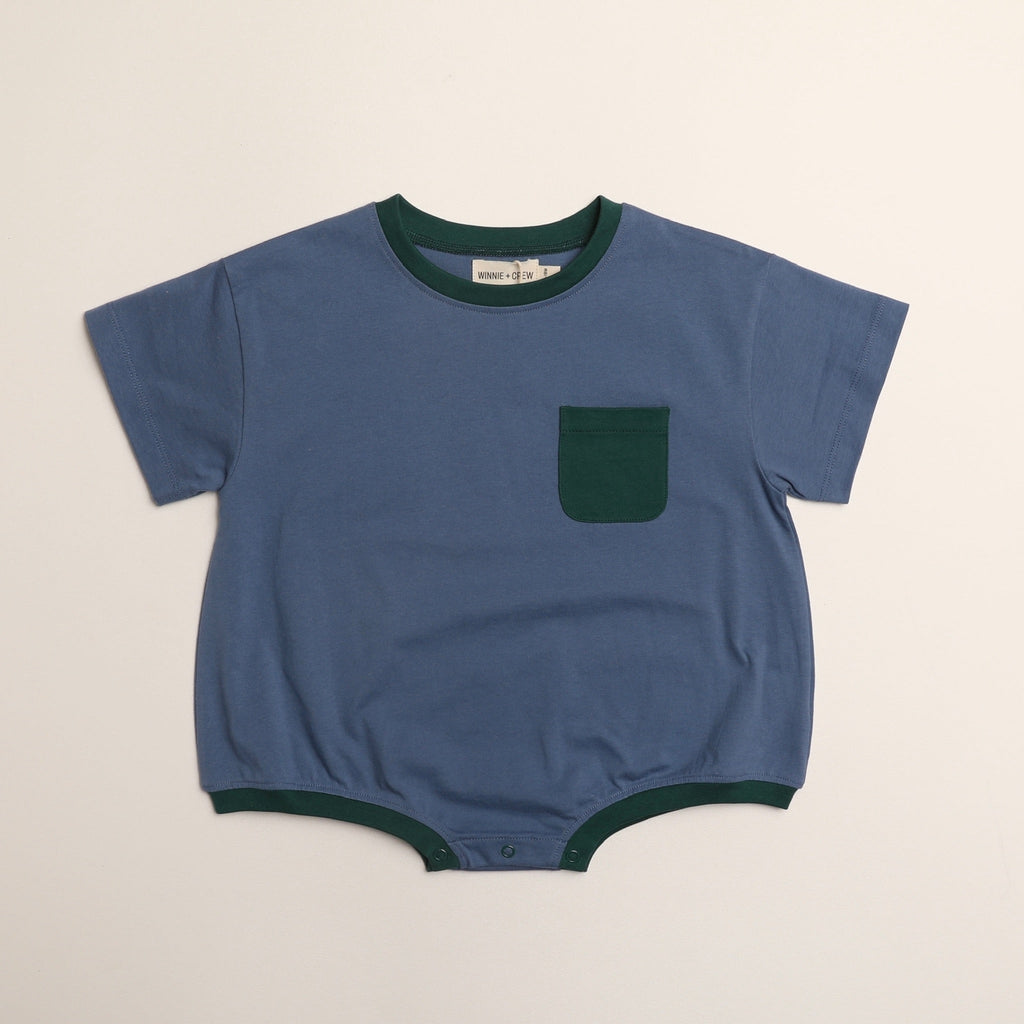 Cory Pocket Romper in Stone Blue