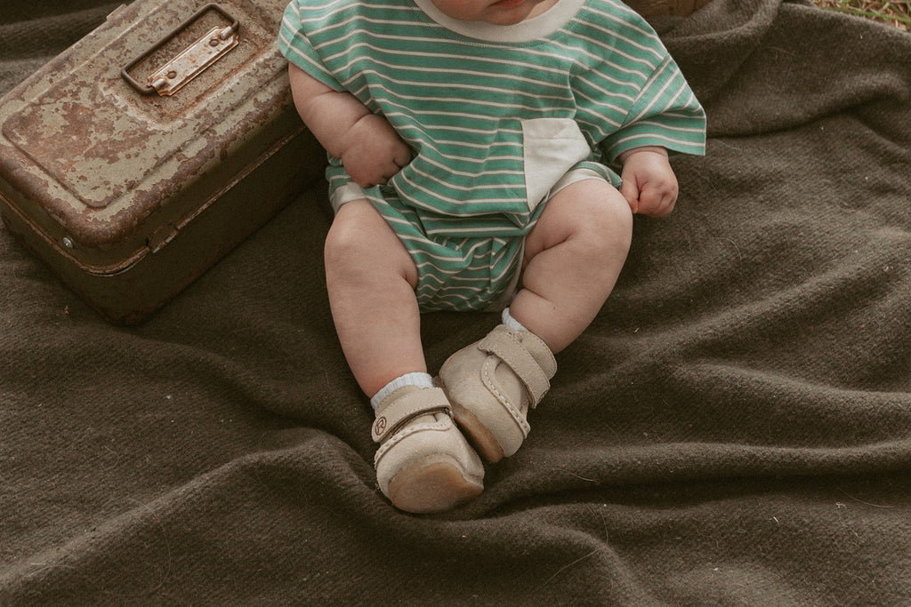 Cory Pocket Romper in Thin Mineral Green Stripe
